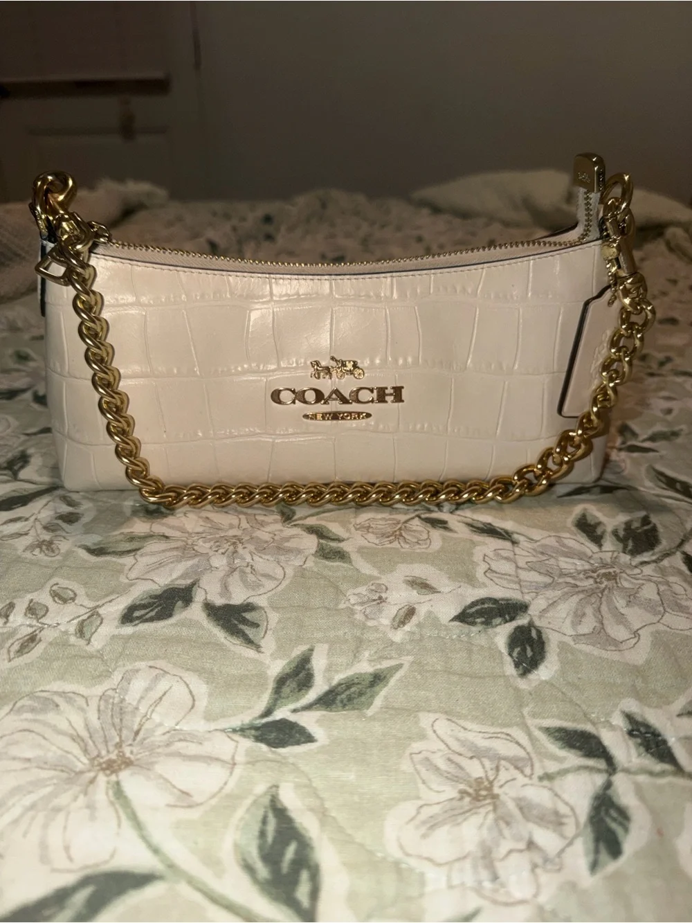 Coach Cream Croc-Embossed Mini Shoulder Bag with Gold Chain